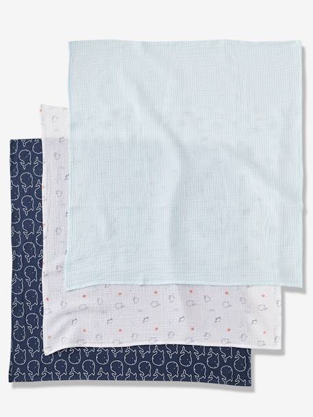 Pack of 3 Muslin Squares, Eau Salée Blue/Print - vertbaudet enfant 