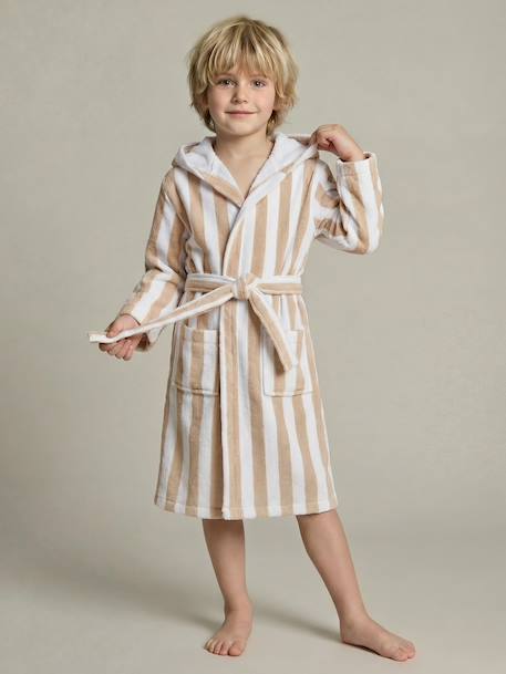Customisable children's bear bathrobe, with recycled cotton striped beige - vertbaudet enfant 