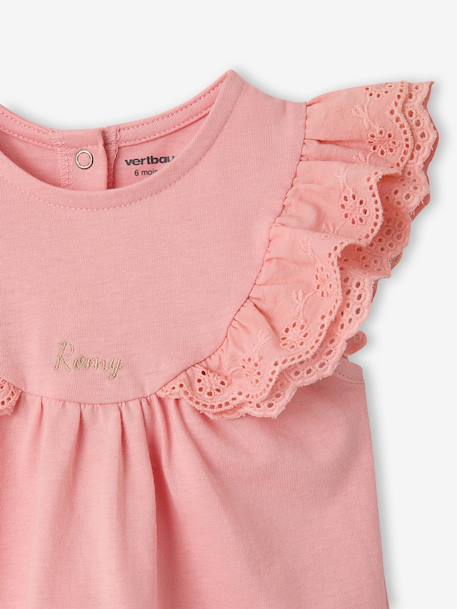 Baby Girls’ Broderie Anglaise Cotton T-Shirt ecru+rose - vertbaudet enfant 