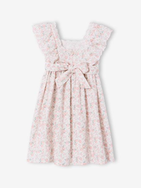 Cotton Gauze Occasion Wear Dress with Broderie Anglaise Sleeves, for Girls pale pink+sage green - vertbaudet enfant 