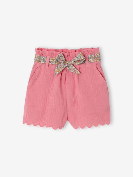 Short bébé fille en gaze de coton ceinture imprimée abricot+écru+rose bonbon - vertbaudet enfant 
