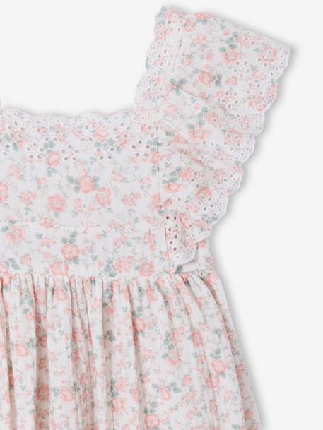 Cotton Gauze Occasion Wear Dress with Broderie Anglaise Sleeves, for Girls pale pink+sage green - vertbaudet enfant 