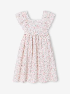 Girls-Cotton Gauze Occasion Wear Dress with Broderie Anglaise Sleeves, for Girls 