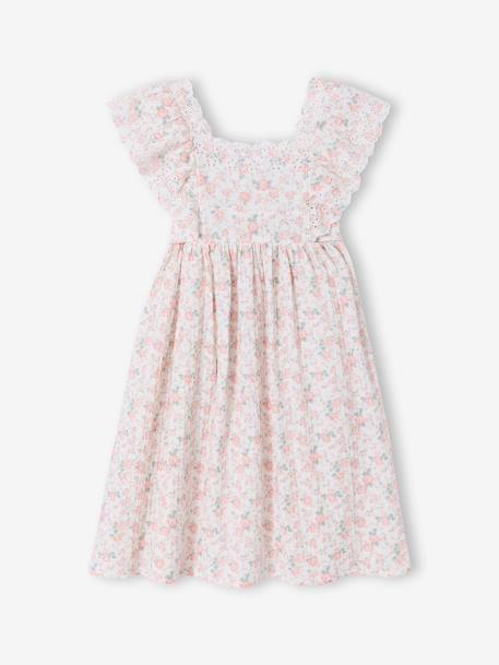 Cotton Gauze Occasion Wear Dress with Broderie Anglaise Sleeves, for Girls pale pink+sage green - vertbaudet enfant 