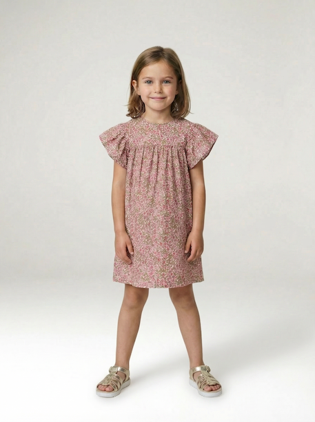Cotton Gauze Dress with Floral Print, for Girls beige+pale pink+printed beige+vanilla - vertbaudet enfant 