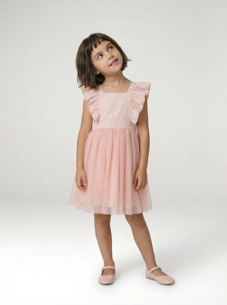 Robe cérémonie fille satin de coton à volants blanc+écru+rose pâle+vert sauge - vertbaudet enfant 