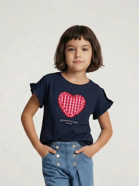 Girl's short-sleeved t-shirt with romantic pattern and frill detail ecru+navy blue+rose+sage green - vertbaudet enfant 