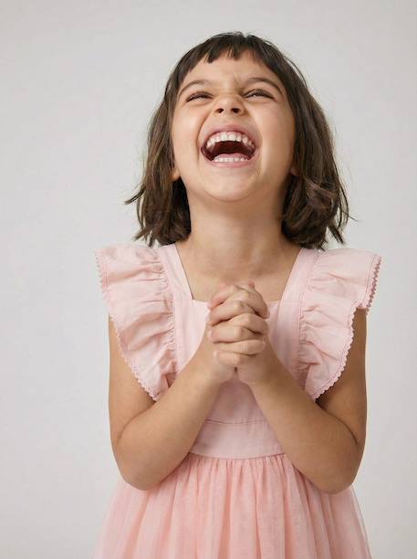 Ruffled Occasion Wear Dress in Cotton Gauze & Tulle, for Girls ecru+pale pink+sage green+white - vertbaudet enfant 