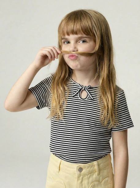 T shirt fille noeud fantaisie jaune+rayé bleu - vertbaudet enfant 
