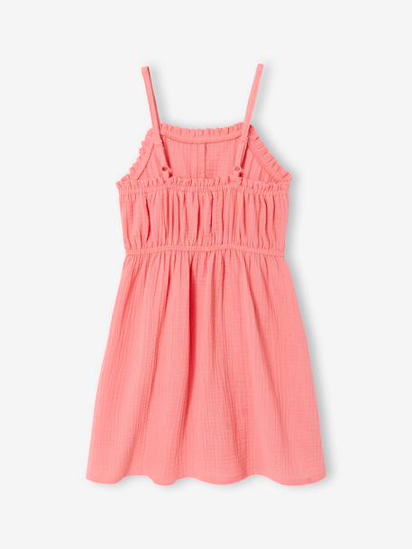 Robe à bretelles fille en gaze de coton beige+corail+sable+vert émeraude - vertbaudet enfant 