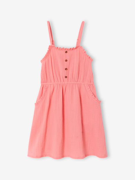 Robe à bretelles fille en gaze de coton beige+corail+sable+vert émeraude - vertbaudet enfant 
