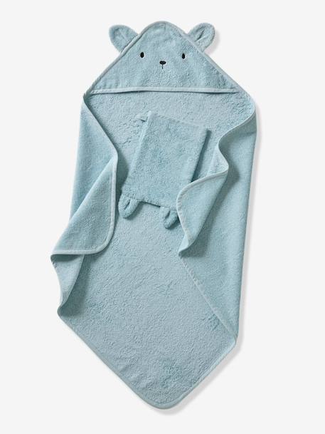 Bath Cape + Wash Mitt, in Organic Cotton BROWN MEDIUM SOLID+GREEN LIGHT SOLID+GREY DARK SOLID+ocean blue+rose+White - vertbaudet enfant 