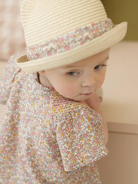 Baby girl's straw hat with ribbon sandy beige - vertbaudet enfant 
