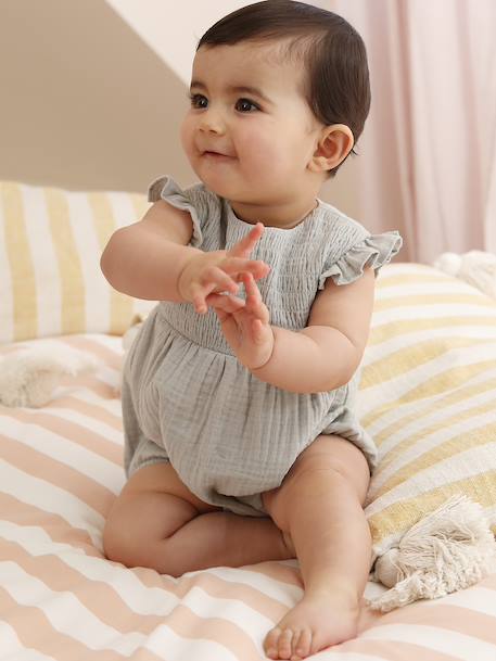 Barboteuse bébé fille en gaze de coton vert sauge - vertbaudet enfant 