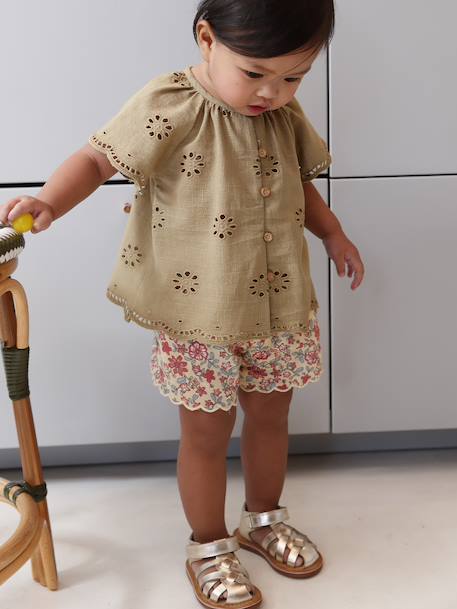 Short-sleeved embroidery blouse khaki - vertbaudet enfant 