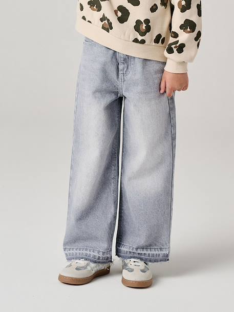 Wide-Leg Jeans, Frayed Hems, for Girls bleached denim+grey+stone - vertbaudet enfant 