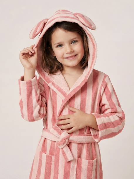 Customisable rabbit bathrobe for children, with recycled cotton striped pink - vertbaudet enfant 