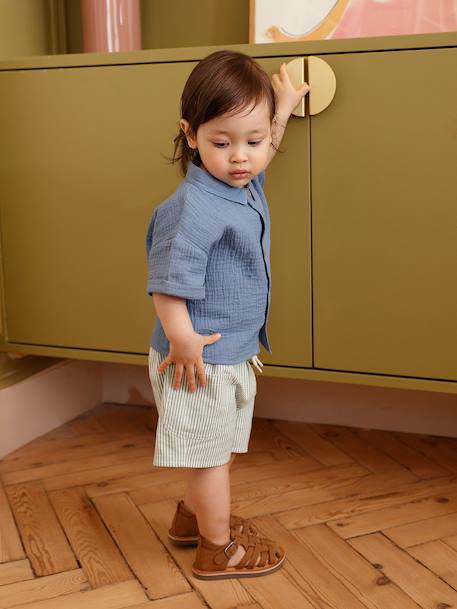 Closed Leather Sandals with Buckle for Babies brown+navy blue - vertbaudet enfant 