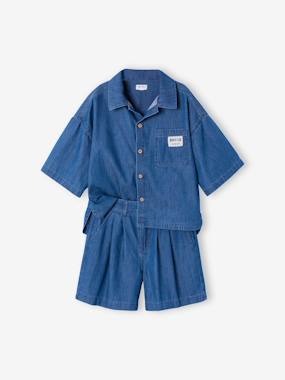 Fille-Ensemble short chemise fille denim léger