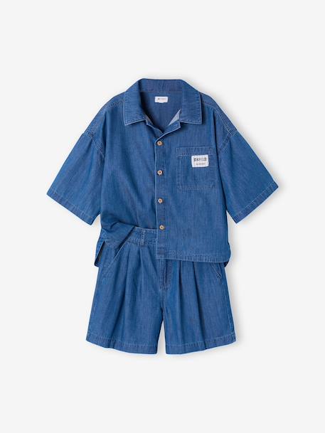 Lightweight denim girl's shirt and short set medium blue - vertbaudet enfant 