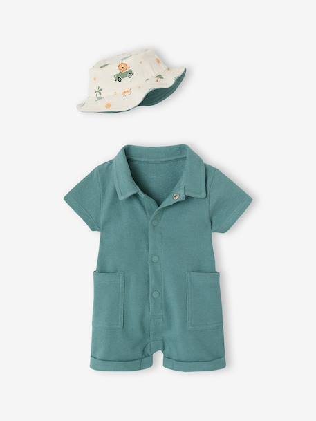 Set of jumpsuit and reversible bucket hat emerald green - vertbaudet enfant 