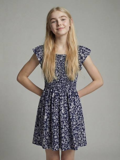 Smocked print dress navy blue - vertbaudet enfant 