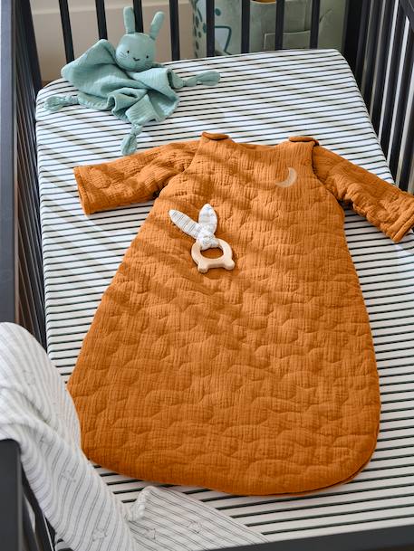Quilted Baby Sleep Bag with Removable Sleeves in Organic Cotton* Gauze, Dream Nights caramel+Dark Blue+ecru - vertbaudet enfant 