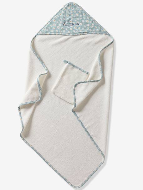 Customisable cotton muslin bath cape and wash mitt MARGUERITE printed blue - vertbaudet enfant 