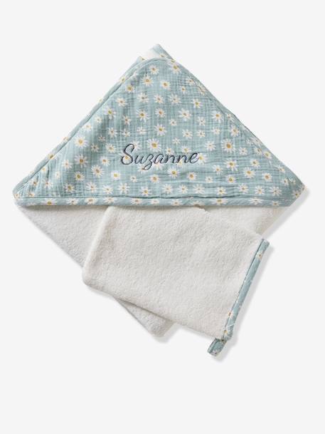Customisable cotton muslin bath cape and wash mitt MARGUERITE printed blue - vertbaudet enfant 