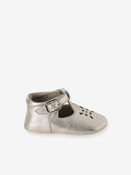 Leather baby slippers gold+white - vertbaudet enfant 