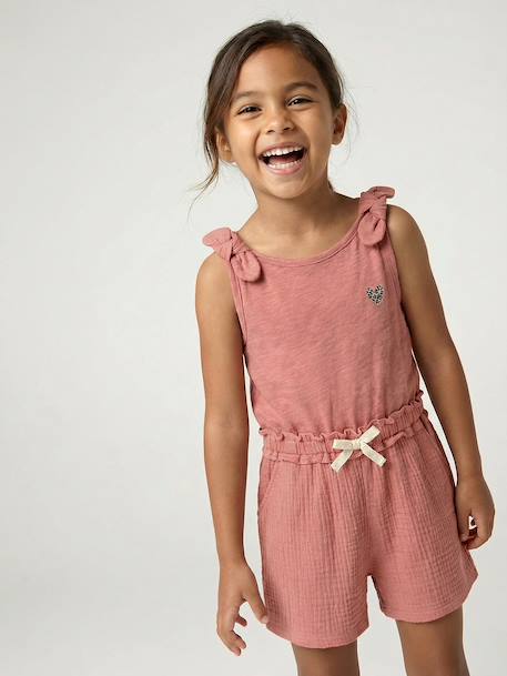 Two-fabric playsuit for girls old rose+slate grey - vertbaudet enfant 