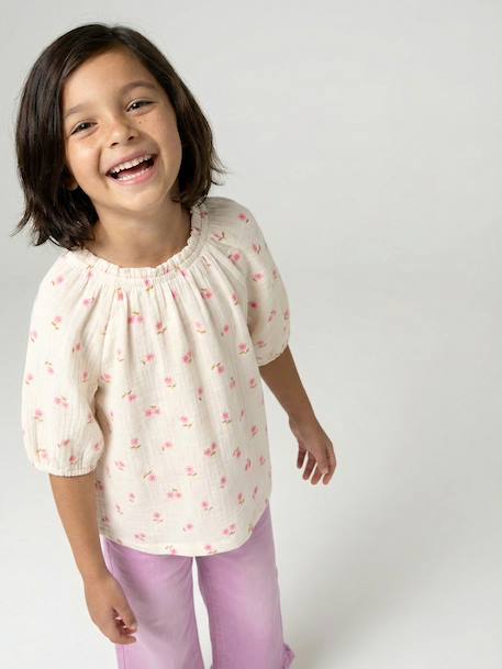 Girl's cotton gauze blouse ecru+sage green+vanilla - vertbaudet enfant 