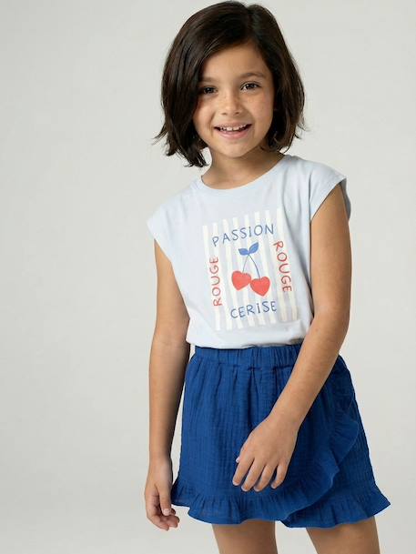 Girls' cropped t-shirt with short, padded sleeves pale blue+pale pink - vertbaudet enfant 