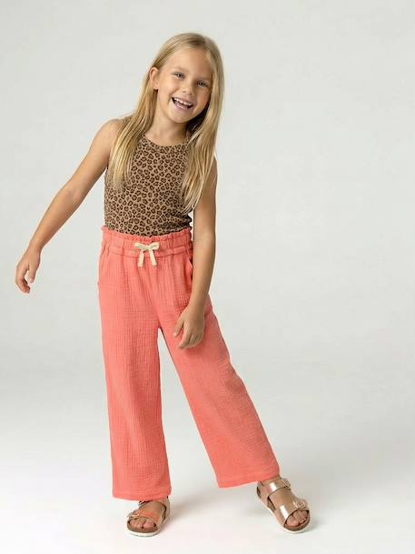 Wide-leg cotton muslin trousers grey green+rose - vertbaudet enfant 
