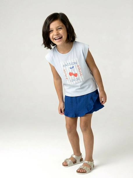 Girls' cropped t-shirt with short, padded sleeves pale blue+pale pink - vertbaudet enfant 