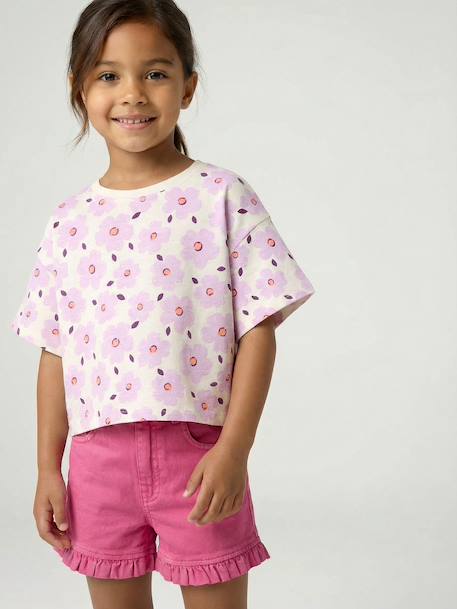 T-shirt fille cropped manches courtes beige+écru+rose poudré - vertbaudet enfant 
