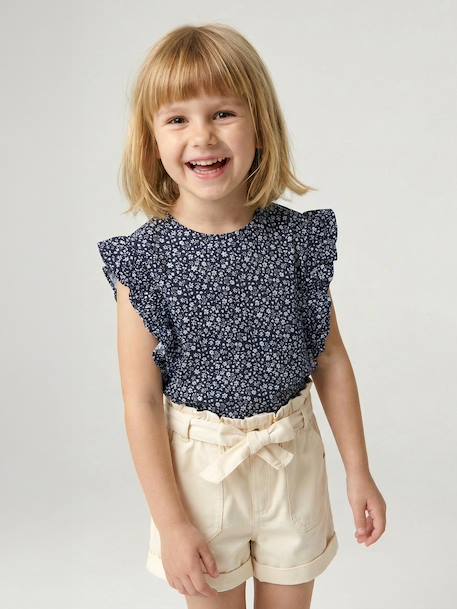 Girl's short-sleeved t-shirt with frills navy blue+sage green - vertbaudet enfant 