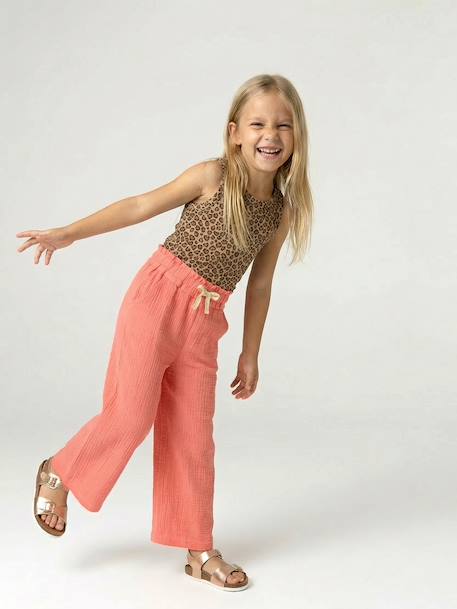 Wide-leg cotton muslin trousers grey green+rose - vertbaudet enfant 