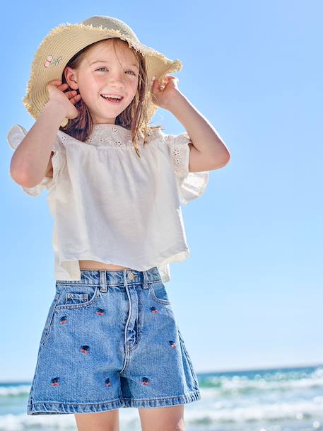 Embroidered girl's short medium blue+rose+sage green - vertbaudet enfant 
