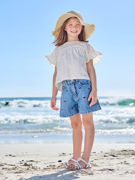 T-shirt fille manches détails brodés corail+écru+kaki - vertbaudet enfant 