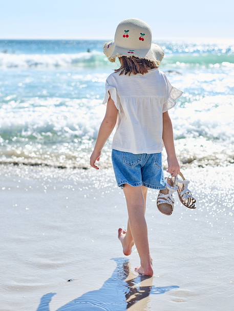 Girl's t-shirt with embroidered details coral+ecru+khaki - vertbaudet enfant 
