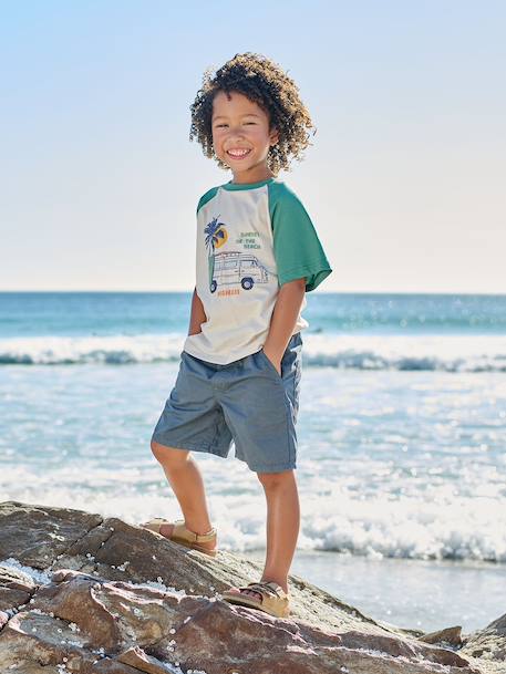 Elasticated bermuda shorts for boys denim blue+fir green+pastel yellow - vertbaudet enfant 