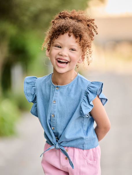 Denim blouse with frill sleeves for girls light blue - vertbaudet enfant 