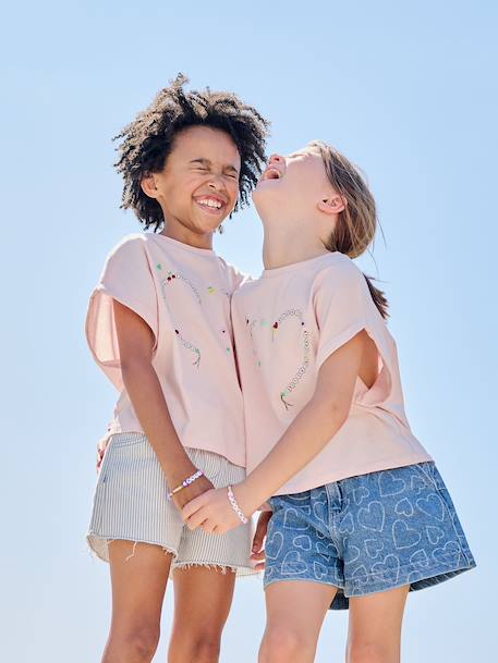 Girl's twill shorts with tie belt rose+striped blue+vanilla - vertbaudet enfant 