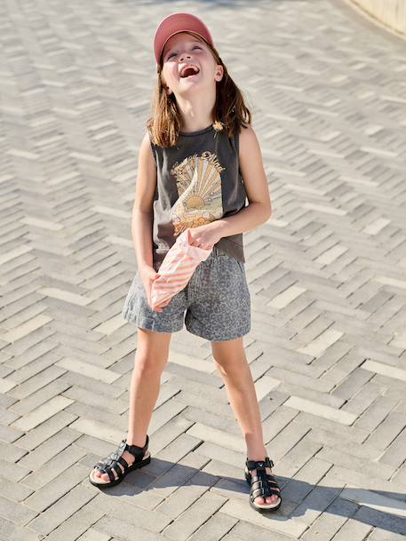 Girls' patterned denim shorts grey+light blue - vertbaudet enfant 