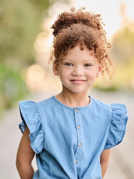 Denim blouse with frill sleeves for girls light blue - vertbaudet enfant 