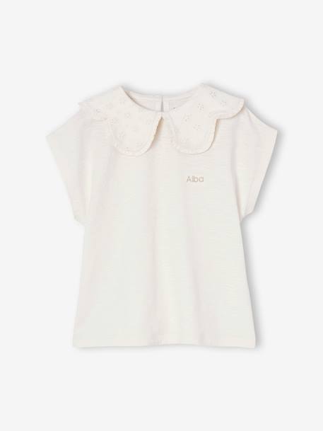 Girls' fancy embroidered collar T-shirt coral+ecru - vertbaudet enfant 