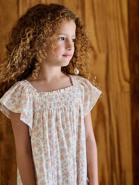Smocked Dress with Floral Print - vanilla, Girls