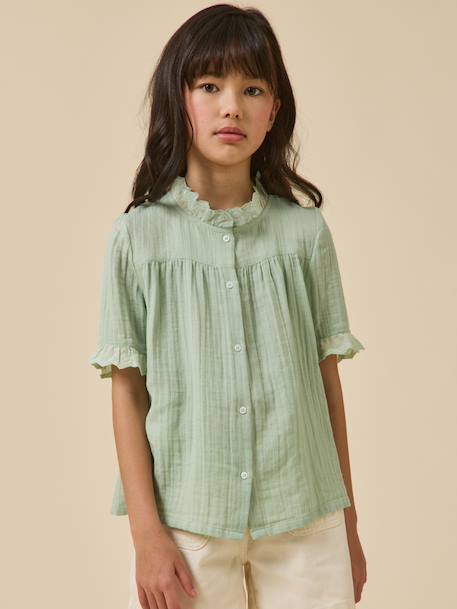 Chemise fille en gaze - coton biologique bleu jean+vert sauge - vertbaudet enfant 