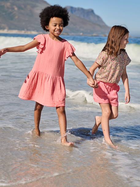 Girls' cotton gauze dress with short embroidered sleeves coral+yellow - vertbaudet enfant 